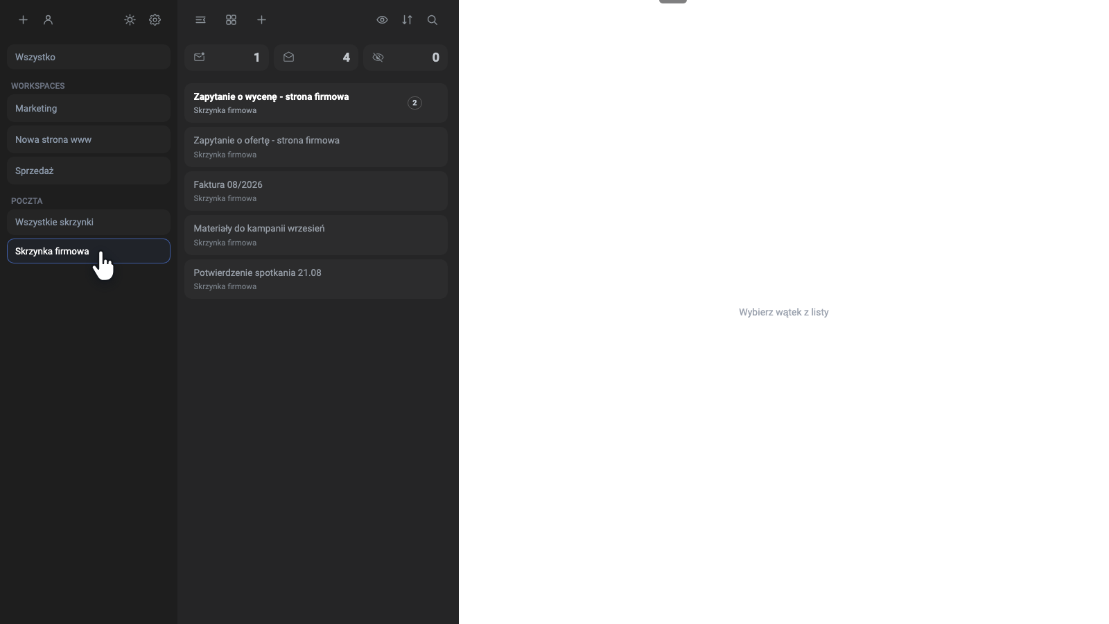 Task Manager w układzie trzech kolumn: workspace'y, lista pozycji, otwarty wątek.