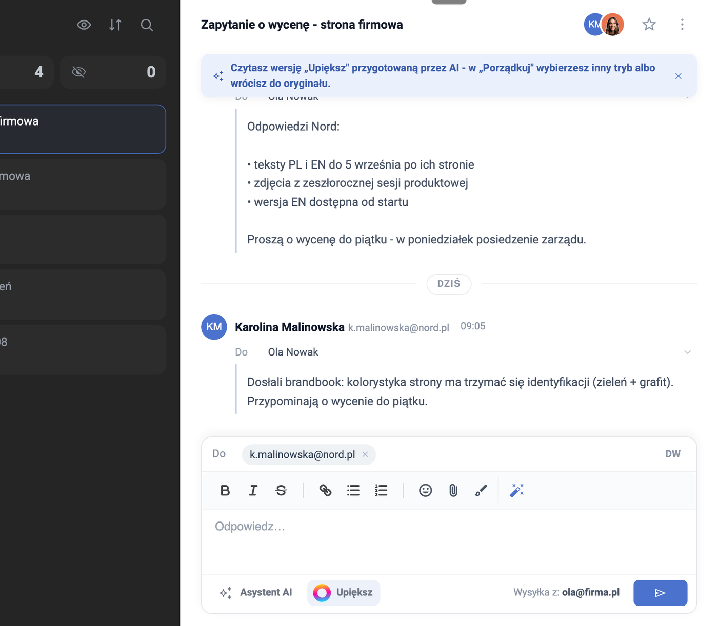 Otwarty wątek pocztowy z banerem informującym o wersji Upiększ przygotowanej przez AI