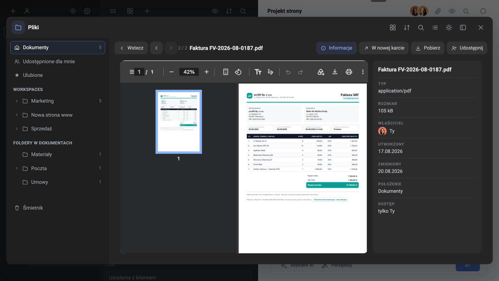 Dane z instancji demo: podgląd faktury PDF w module Pliki i panel informacji o dokumencie