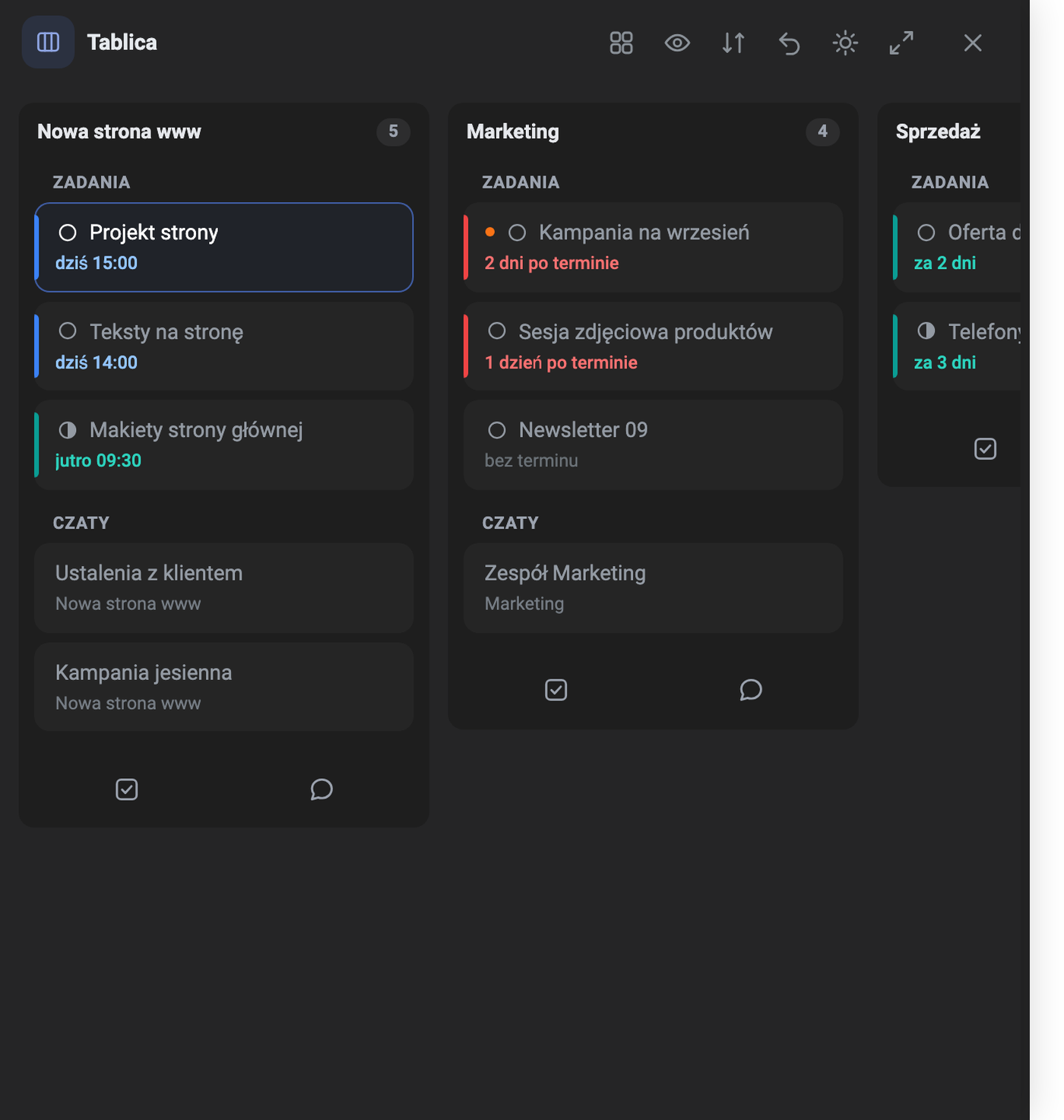 Tablica Task Managera z kolumnami Nowa strona www, Marketing i Sprzedaż