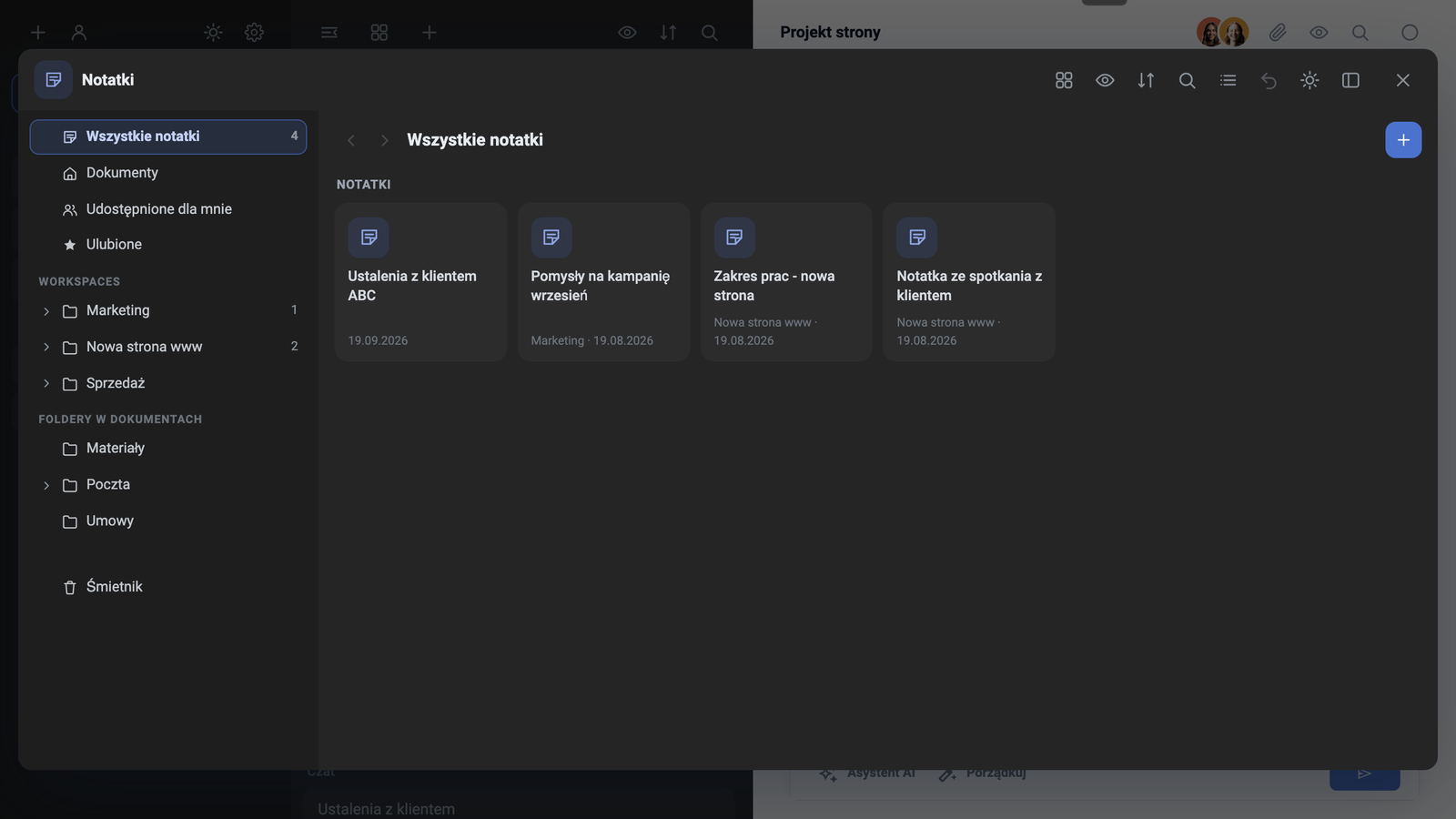Dane z instancji demo: lista notatek i folderów przy Workspace'ach Marketing, Nowa strona www i Sprzedaż