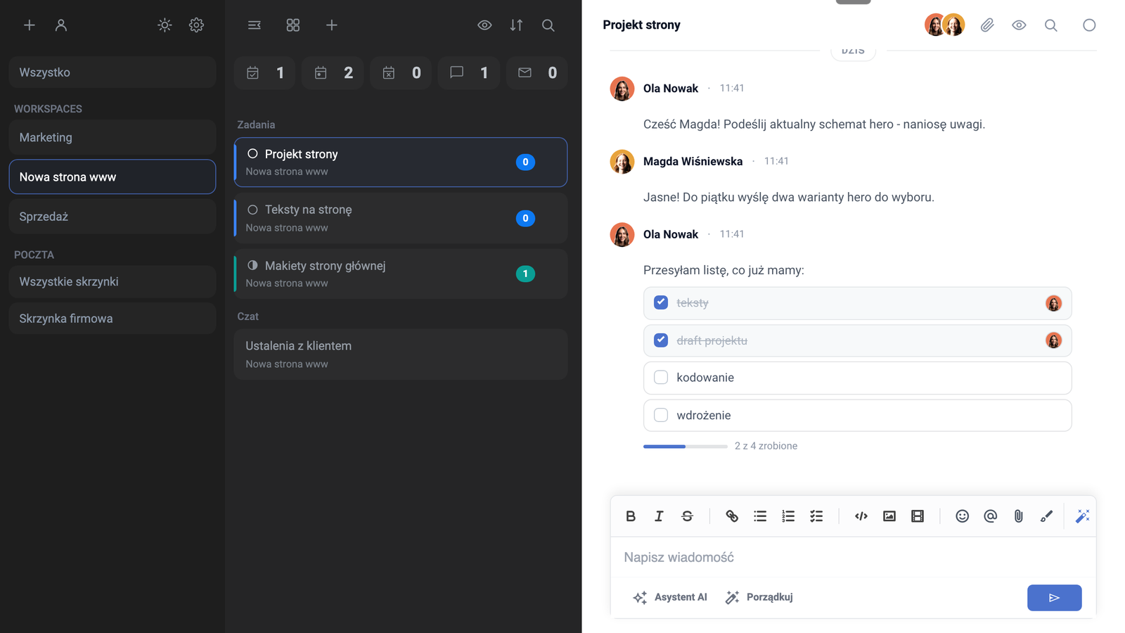Task Manager z workspace'ami, listą zadań i otwartym wątkiem