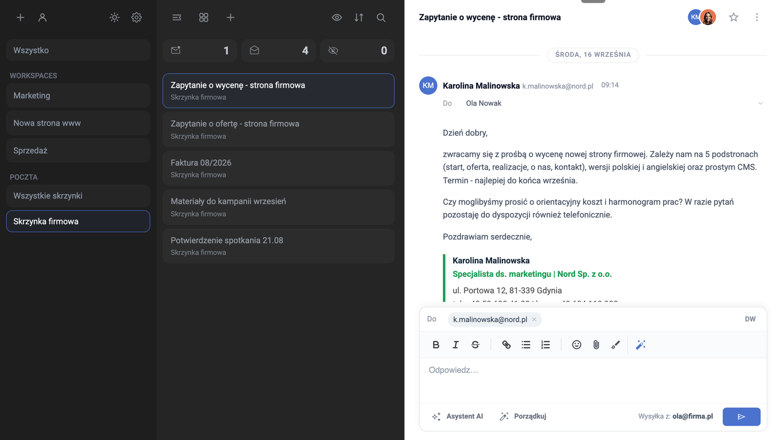 Trzykolumnowy widok Task Managera ze Skrzynką firmową, listą maili i otwartym zapytaniem o wycenę