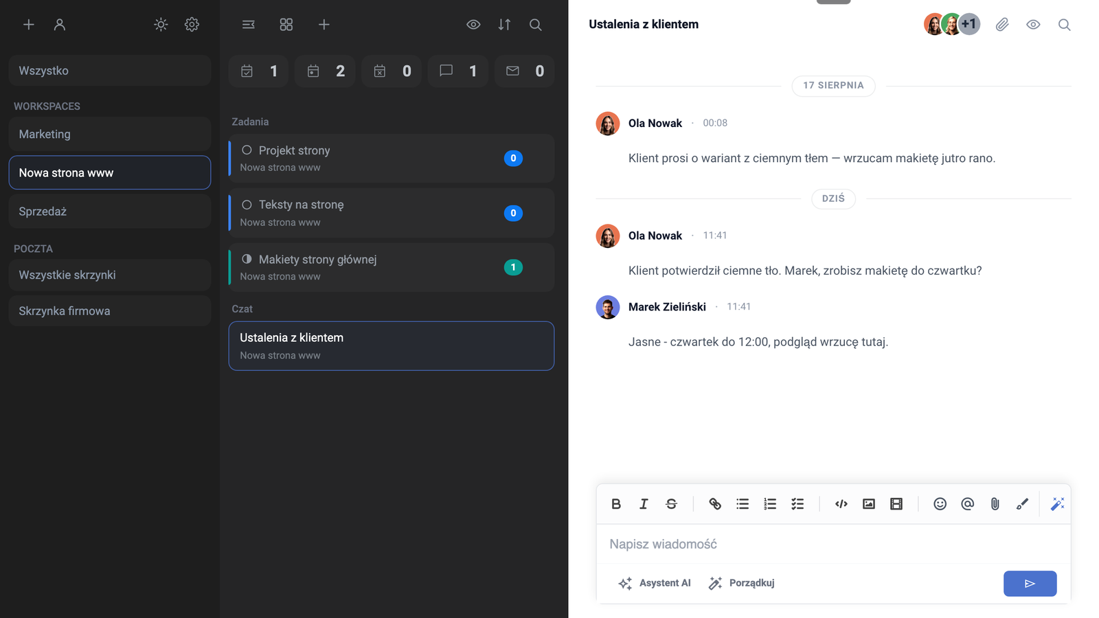 Wątek czatu w Task Managerze obok listy zadań i workspace'ów