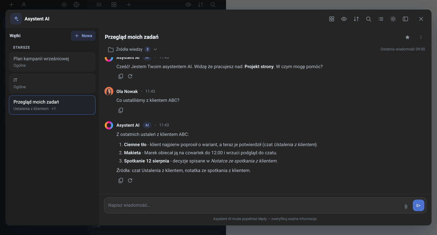 Asystent AI odpowiada na podstawie wskazanego czatu i notatki