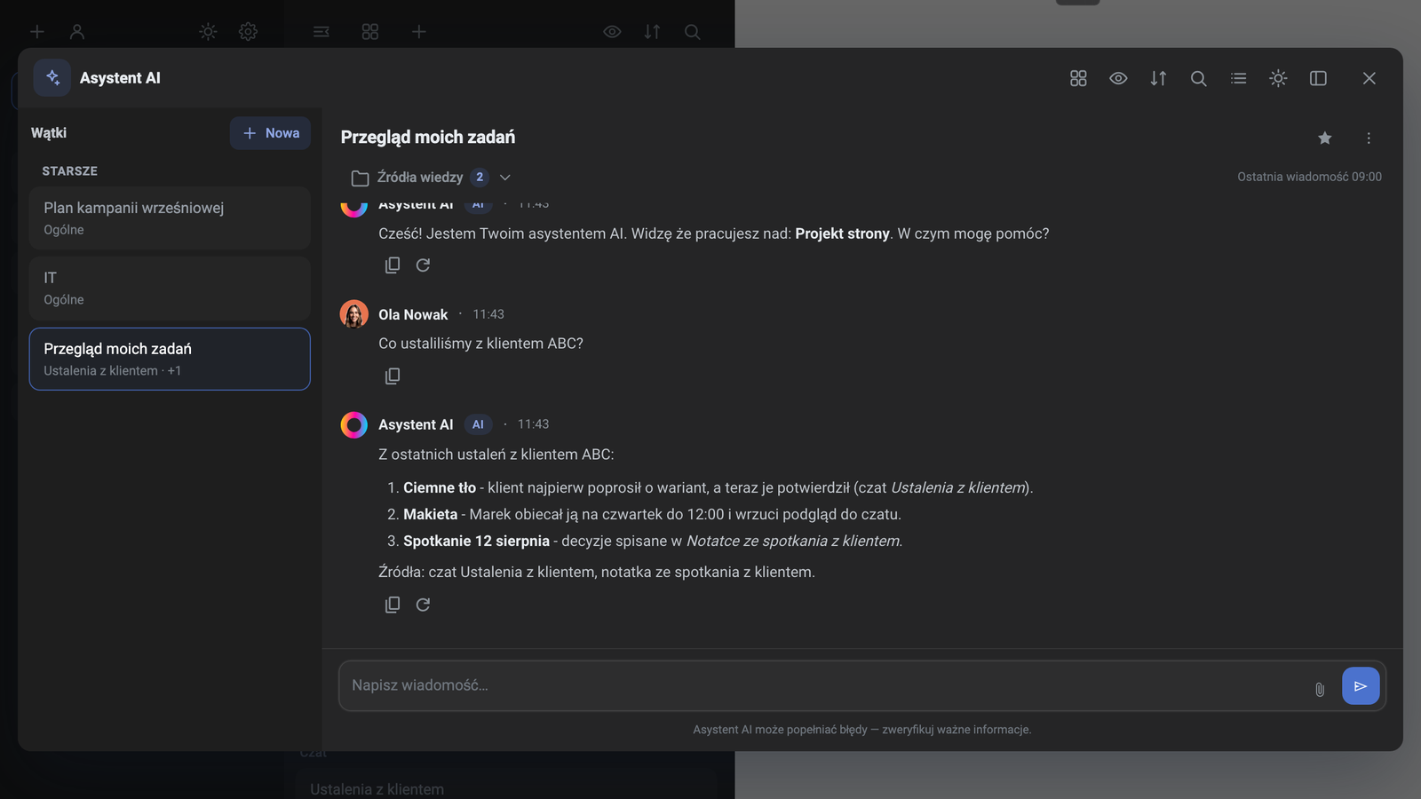 Dane z instancji demo: Asystent AI odpowiada Oli Nowak na pytanie o klienta ABC na podstawie czatu i notatki