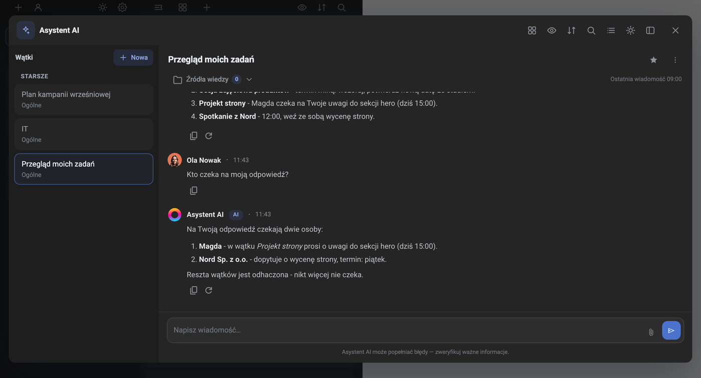 Okno Asystenta AI z wątkiem Przegląd moich zadań