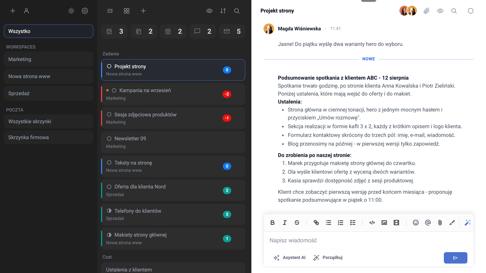 Workspace'y, lista zadań i otwarty wątek Projekt strony w Task Managerze