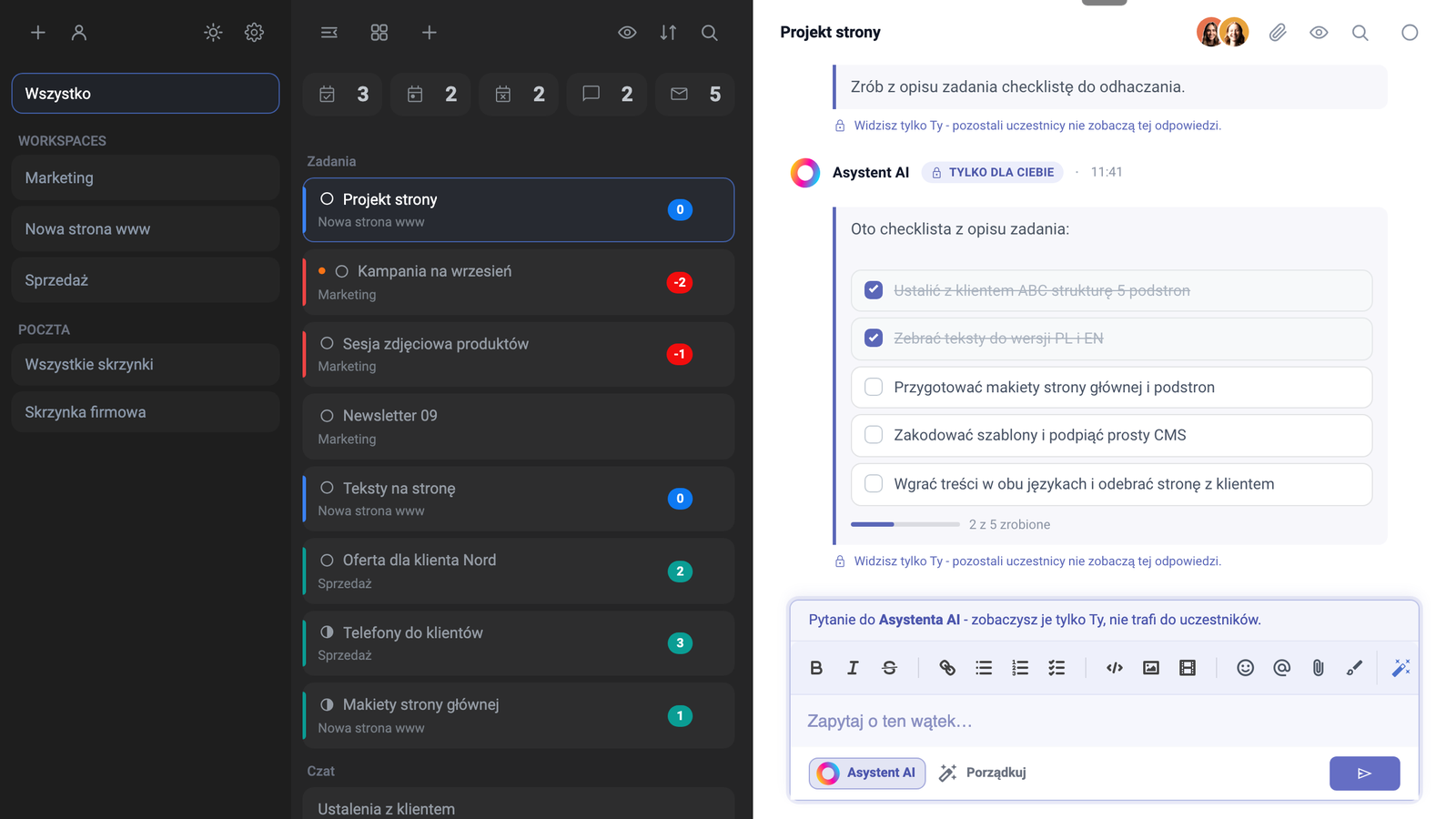 Odpowiedź Asystenta AI z checklistą do odhaczania i paskiem postępu