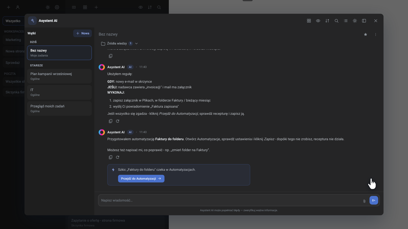 Okno Automatyzacji z wyzwalaczem nowego e-maila, warunkami dotyczącymi nadawcy i załącznika oraz zapisem pliku do folderu