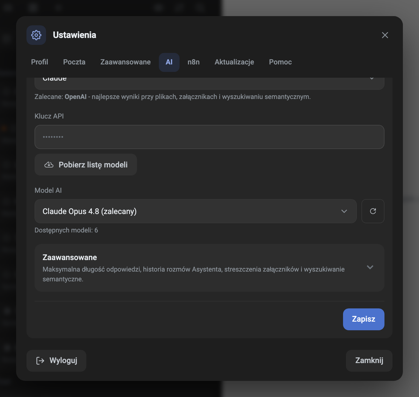 Ustawienia Task Managera z kartą AI i zamaskowanym kluczem API