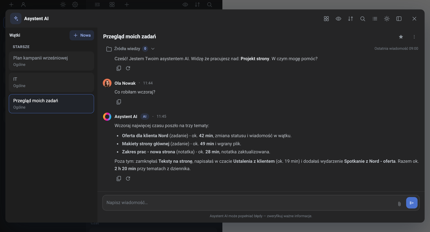Okno Asystenta AI z pytaniem Oli Nowak o wczorajszy dzień i odpowiedzią dotyczącą zadań oraz notatki