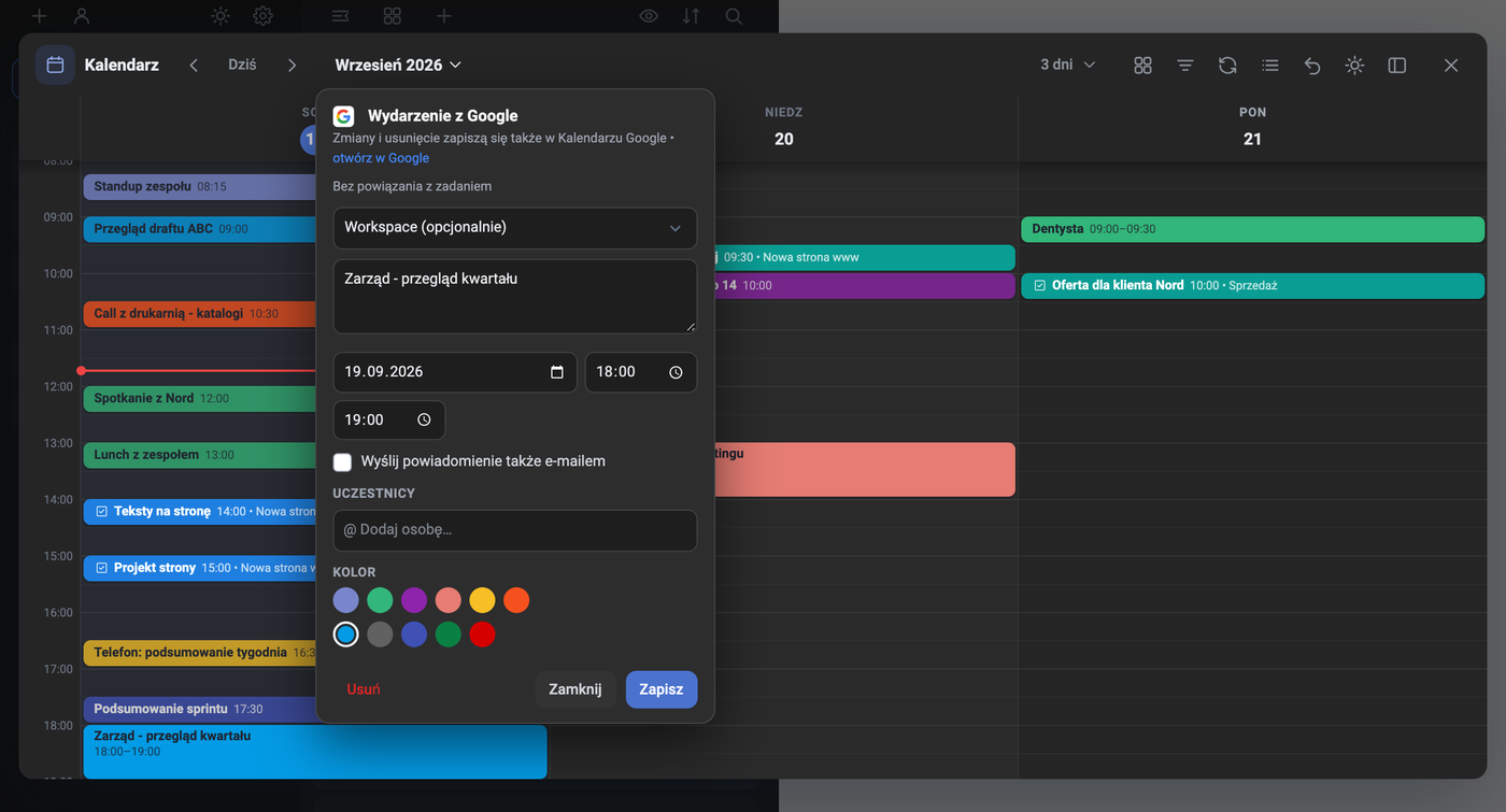 Okno edycji wydarzenia z Kalendarza Google w Task Managerze