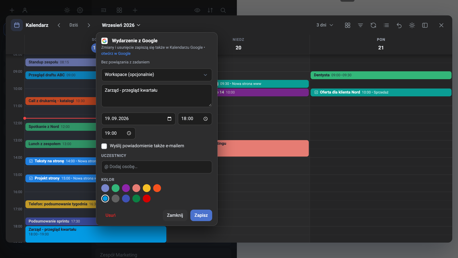 Otwarte wydarzenie z Google w trzydniowym widoku Kalendarza Task Managera