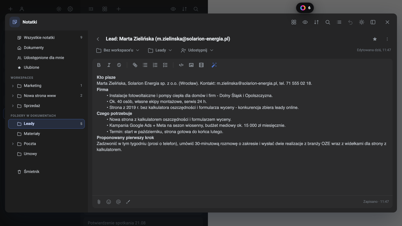 Notatka o nowym leadzie otwarta w folderze Leady
