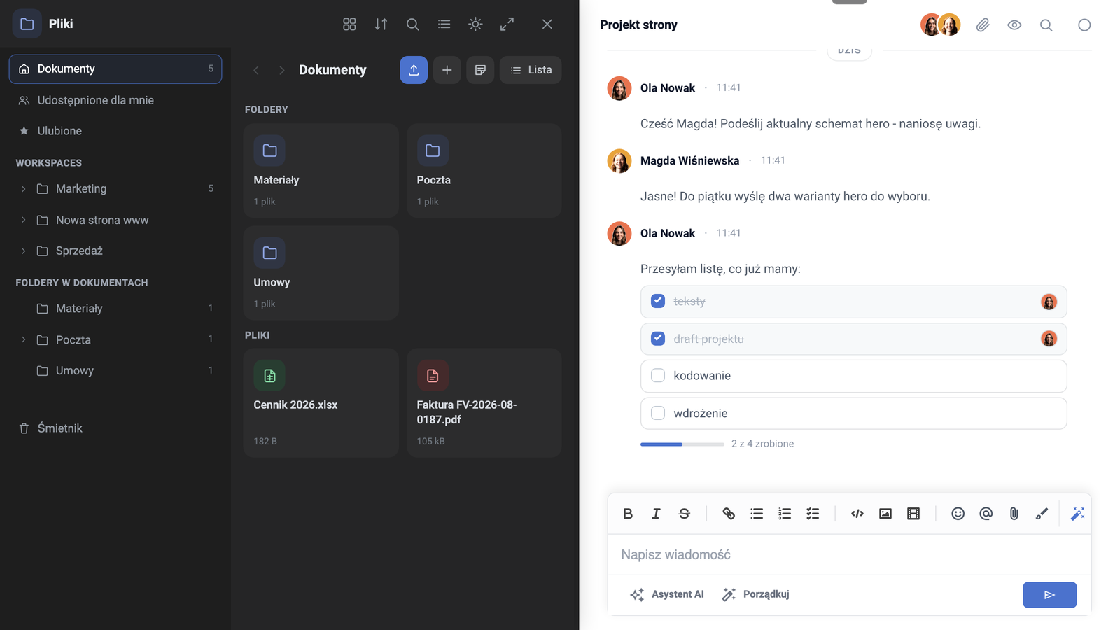 Okno Plików zadokowane obok otwartego czatu w Task Managerze