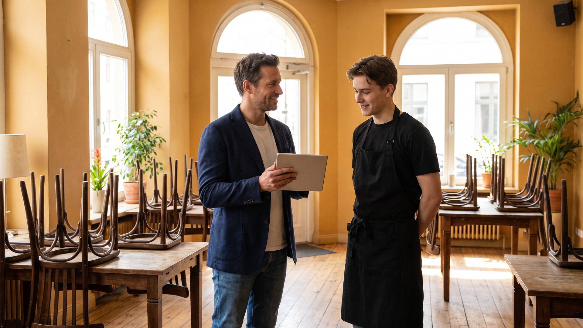 Menedżer restauracji z tabletem rozmawia z kelnerem w jasnej sali przed otwarciem