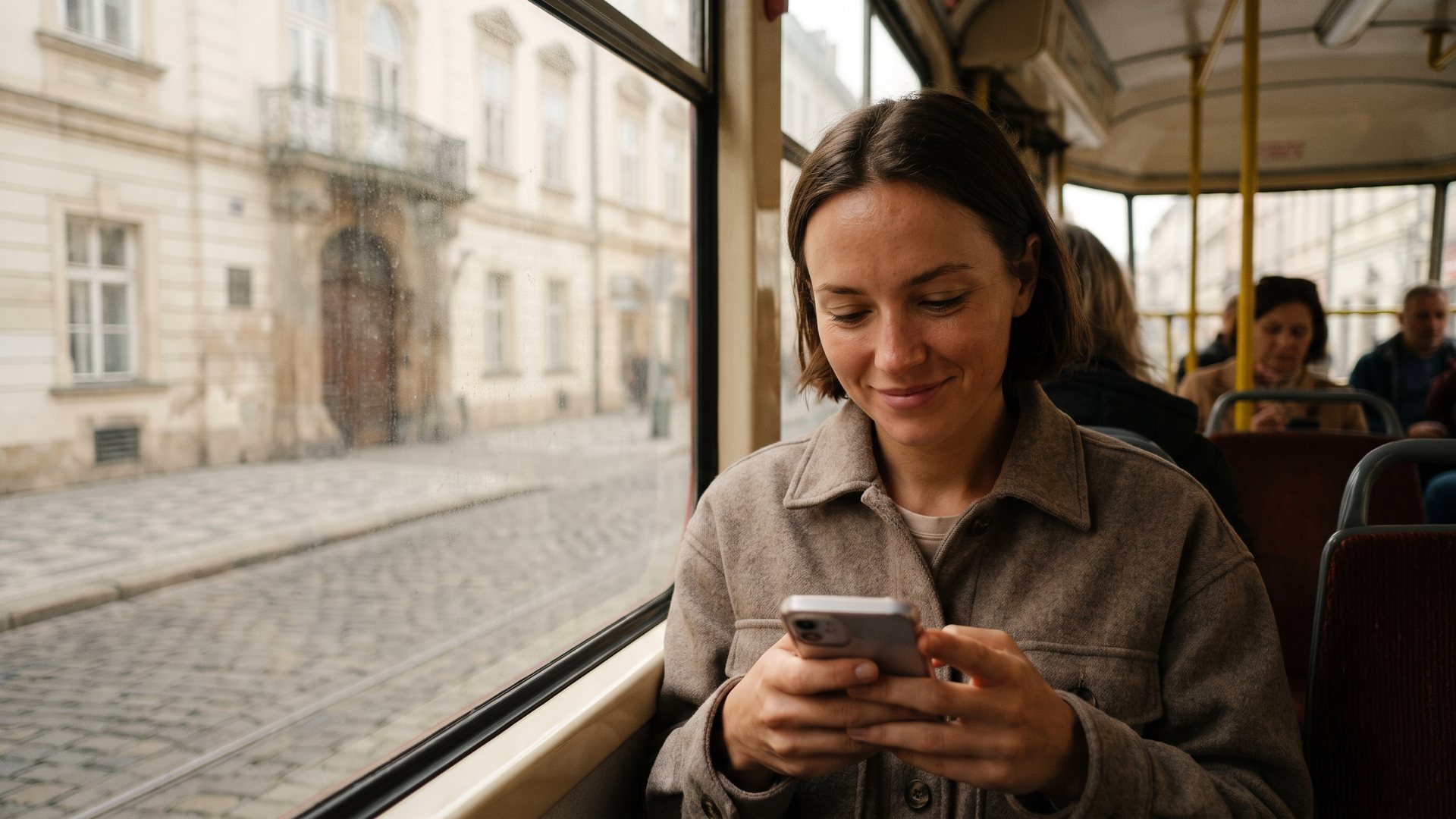Uśmiechnięta kobieta w tramwaju sprawdza smartfon