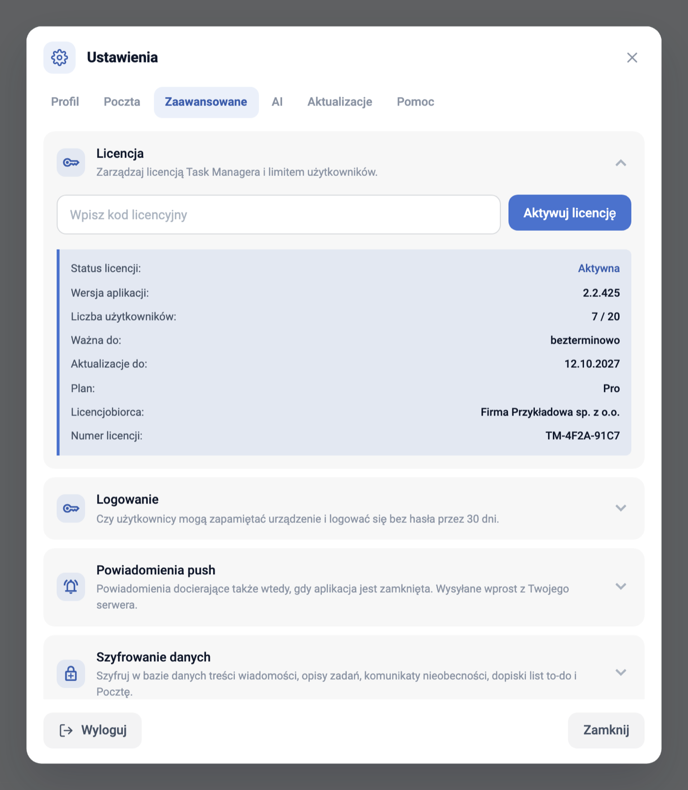 Ustawienia, zakładka Zaawansowane, rozwinięta sekcja Licencja z wierszami Ważna do: bezterminowo i Aktualizacje do: 12.10.2027 dla przykładowej firmy
