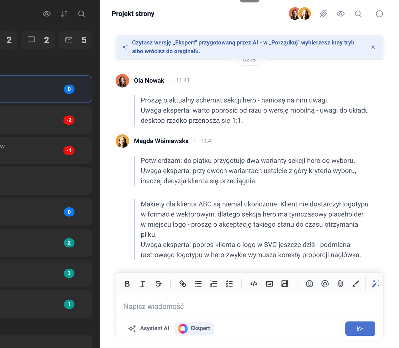 Wątek zadania „Projekt strony" w trybie Ekspert: baner „Czytasz wersję Ekspert przygotowaną przez AI", pastylka „Gotowe - tryb Ekspert", wiadomości Oli Nowak i Magdy Wiśniewskiej z dopisanymi liniami „Uwaga eksperta", w edytorze przełącznik Ekspert obok Asystenta AI