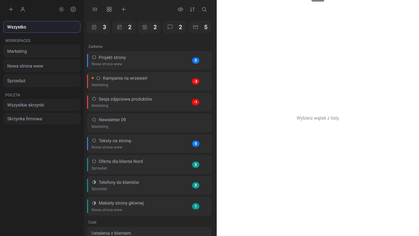 Trzy kolumny Task Managera po zalogowaniu: po lewej Wszystko, workspace'y Marketing, Nowa strona www i Sprzedaż oraz Poczta ze Skrzynką firmową; w środku kafle liczników i lista zadań Projekt strony, Kampania na wrzesień, Sesja zdjęciowa produktów, Newsletter 09, Teksty na stronę, Oferta dla klienta Nord, Telefony do klientów, Makiety strony głównej; po prawej pusty wątek z napisem Wybierz wątek z listy